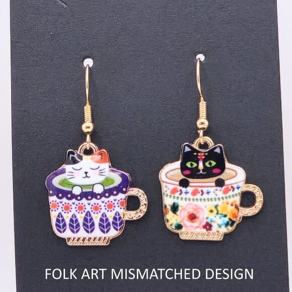 Asian Garden Calico Cat Cherry Blossom Teacup Earrings – Handmade & Customizable - Picture 5 of 16